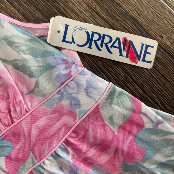 Vtg Lorraine Empire Waist Plunge Neck Maxi Nightgown Slip Dress Sz M Pink Floral - Picture 6 of 13